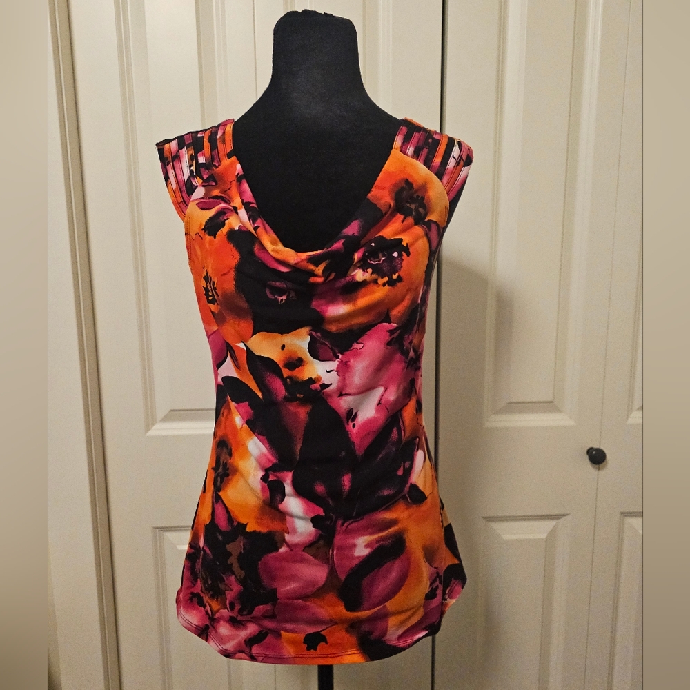 Revolution By Ricki's Orange Pink Graphic Blouse Tank Top Stud Accents Sz S